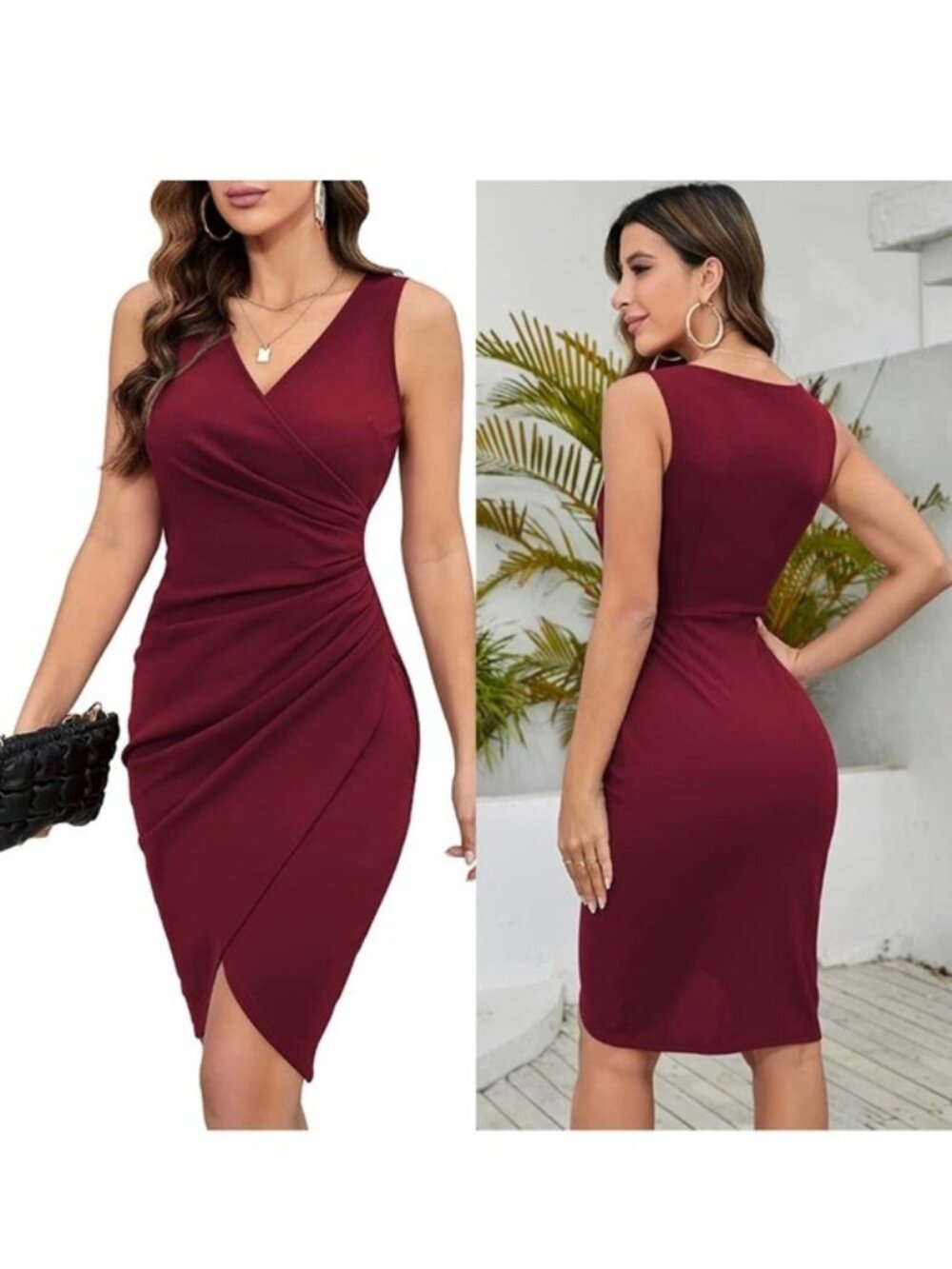 IHot | "Wine Red" V-Neck Sleeveless Faux Wrap Bodycon Dress | Size Large
